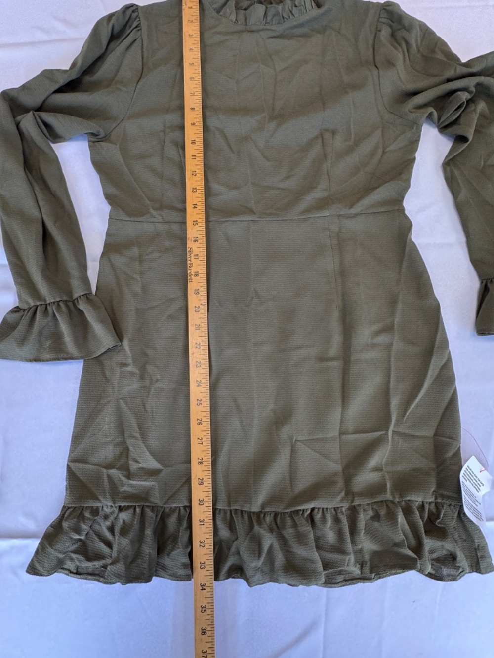 ASOS Olive Green High Neck Long Sleeve Mini Ruffle Dress Size 12 - Picture 8 of 11